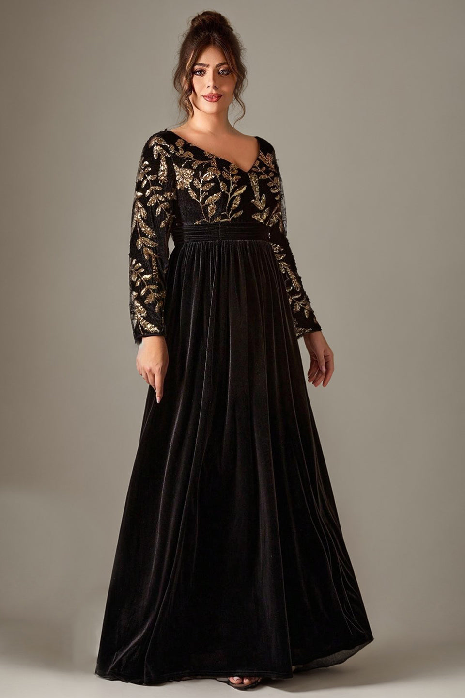 Curveins Plus Size V-Neck Long Sleeve Sequin Floral Embellished Velvet Evening Gown