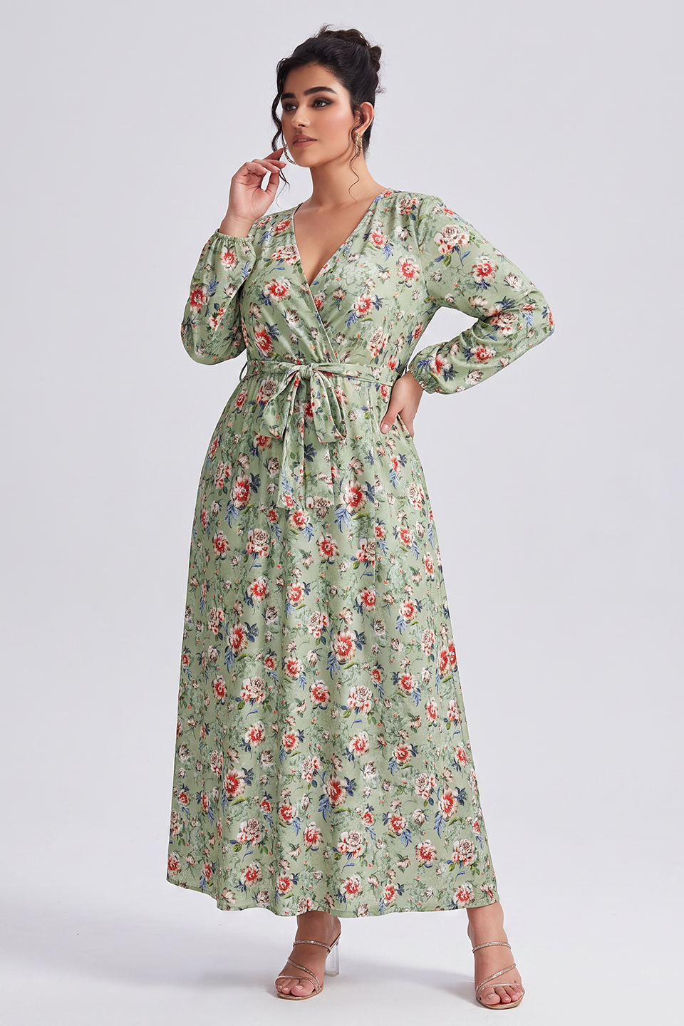 Curveins Plus Size V Neck Long Sleeve Floral Print Velvet Waist Tie Maxi Dress