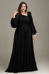Curveins Plus Size One Shoulder Chiffon 3D Flower Detail Elegant Flowy Maxi Dress