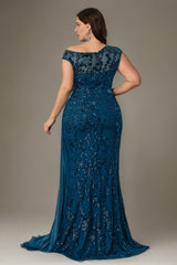 Curveins Plus Size One Shoulder Sleeveless Embroidered Sequin Patchwork Bodycon Maxi Dress