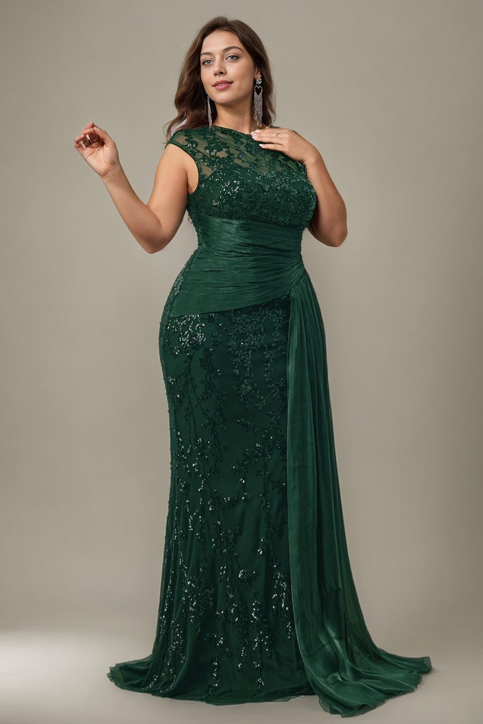 Curveins Plus Size One Shoulder Sleeveless Embroidered Sequin Patchwork Bodycon Maxi Dress