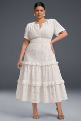 Curveins Plus Size Solid Color Hollow Floral Pattern Ruffle Hem Maxi Dress