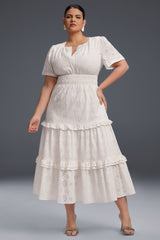 Curveins Plus Size Solid Color Hollow Floral Pattern Ruffle Hem Maxi Dress