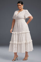 Curveins Plus Size Solid Color Hollow Floral Pattern Ruffle Hem Maxi Dress