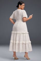 Curveins Plus Size Solid Color Hollow Floral Pattern Ruffle Hem Maxi Dress