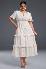 Curveins Plus Size Solid Color Hollow Floral Pattern Ruffle Hem Maxi Dress