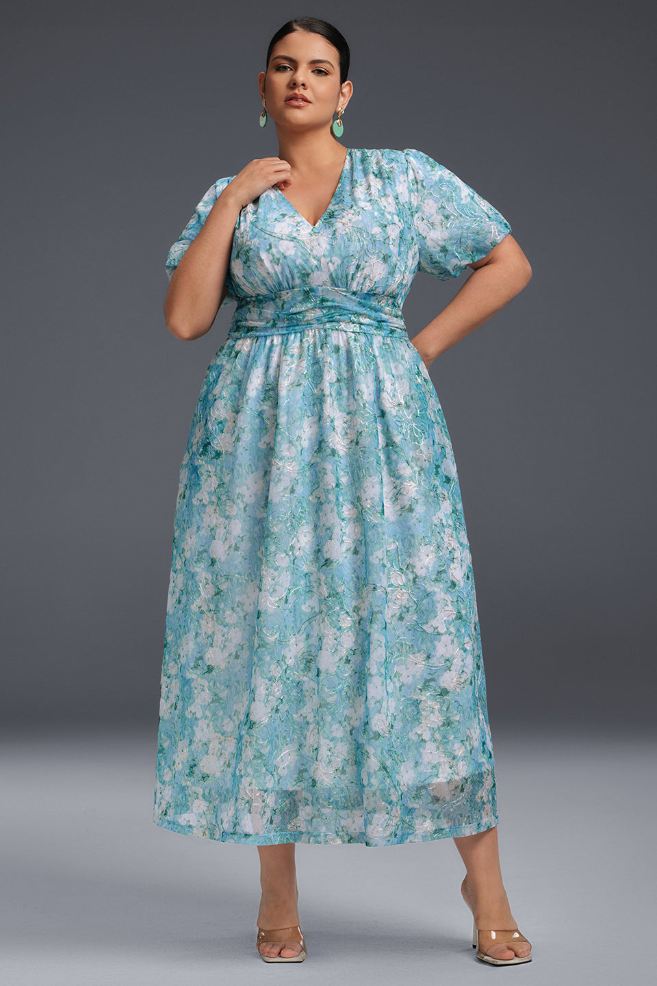 Curveins Plus Size V-Neck Floral Elegant Wedding Guest Maxi Dress 14-16/1X / Blue