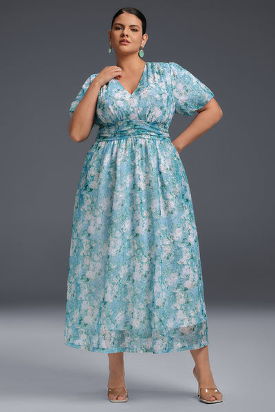 Curveins Plus Size V-Neck Floral Elegant Wedding Guest Maxi Dress, 22-24/3X / Blue