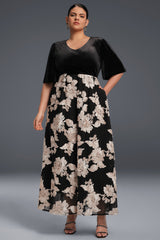 Curveins Plus Size V-Neck Floral Embroidered Pleated Maxi Dress