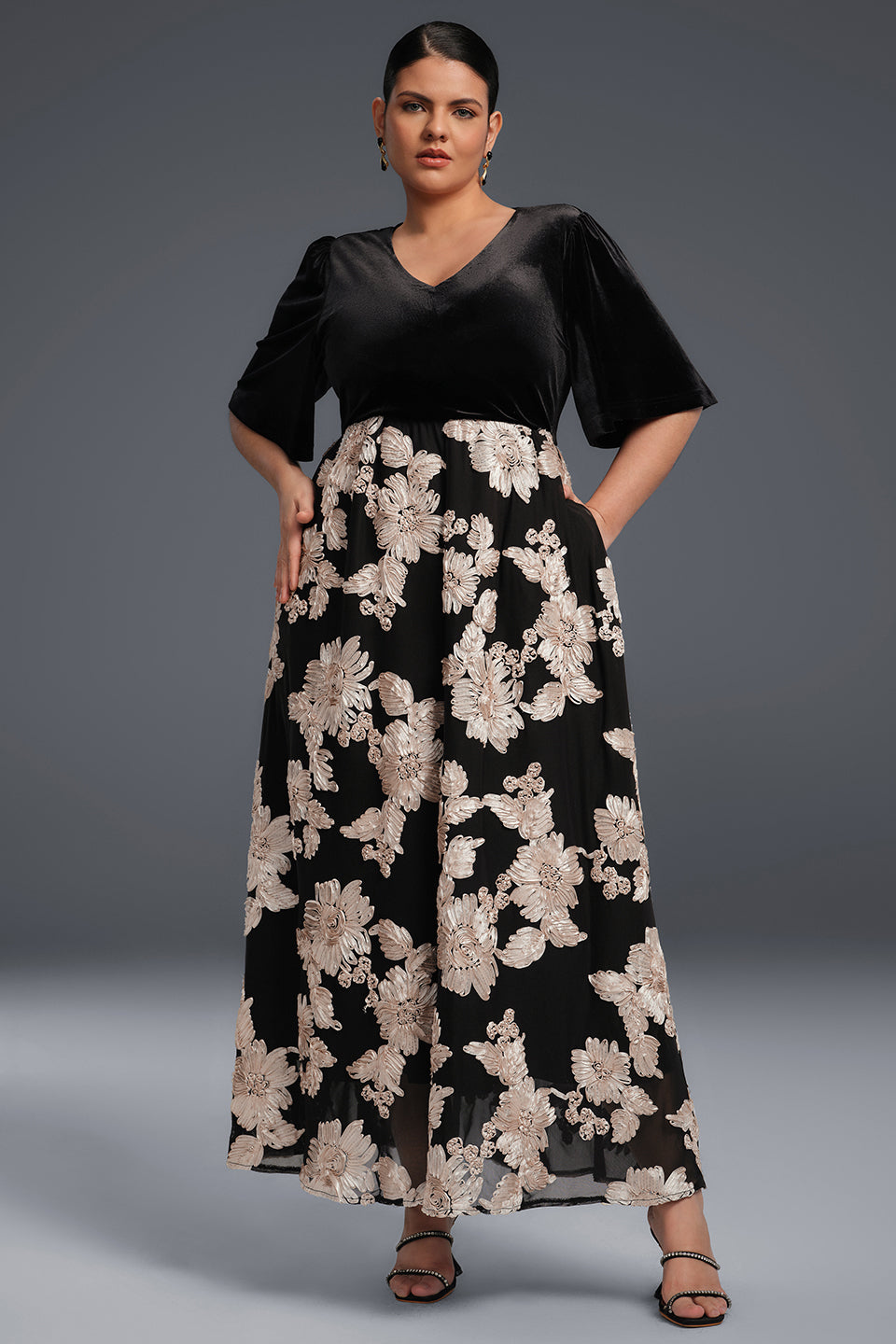 Curveins Plus Size V-Neck Floral Embroidered Pleated Maxi Dress