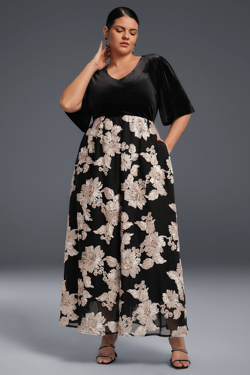 Curveins Plus Size V-Neck Floral Embroidered Pleated Maxi Dress