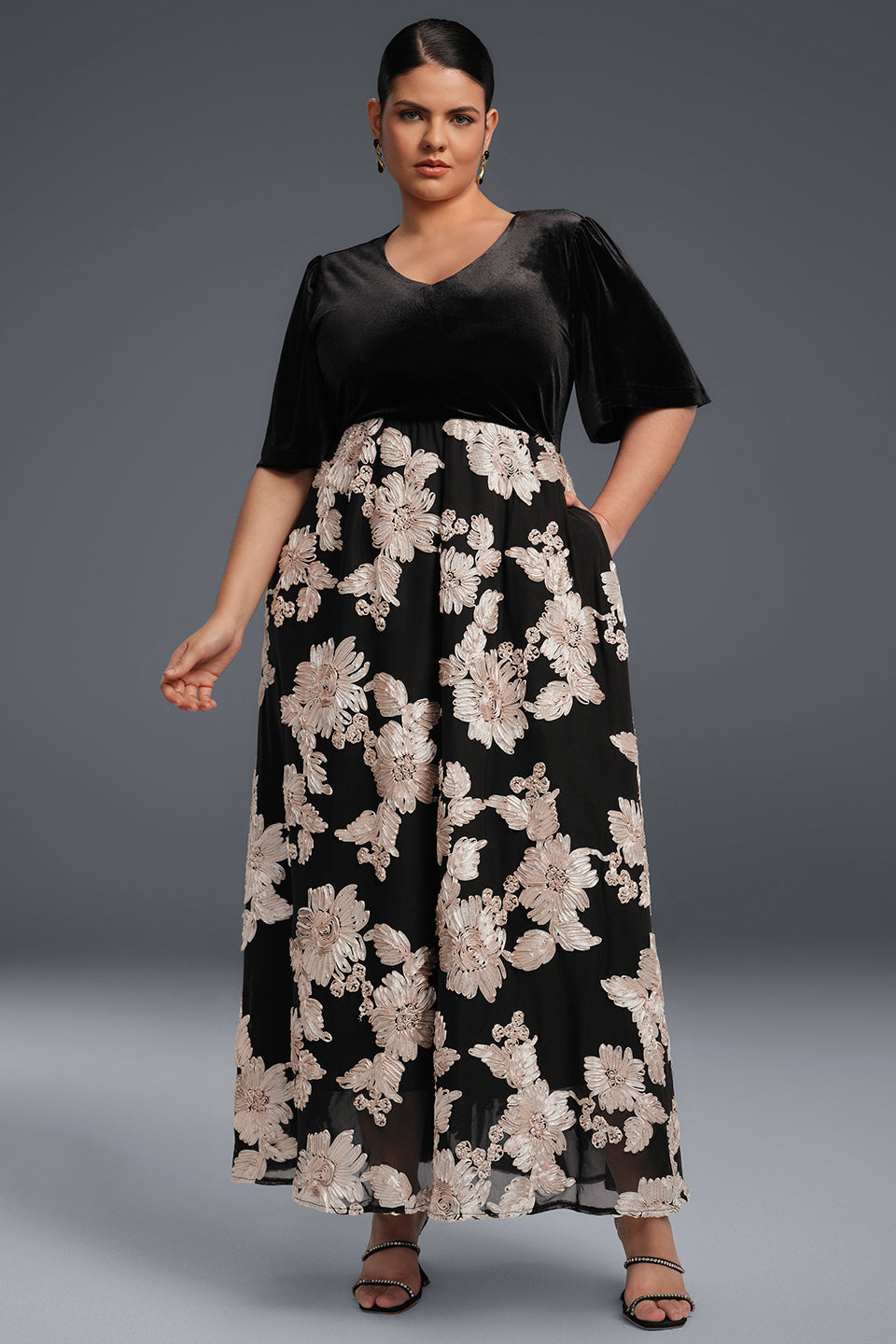 Curveins Plus Size V-Neck Floral Embroidered Pleated Maxi Dress