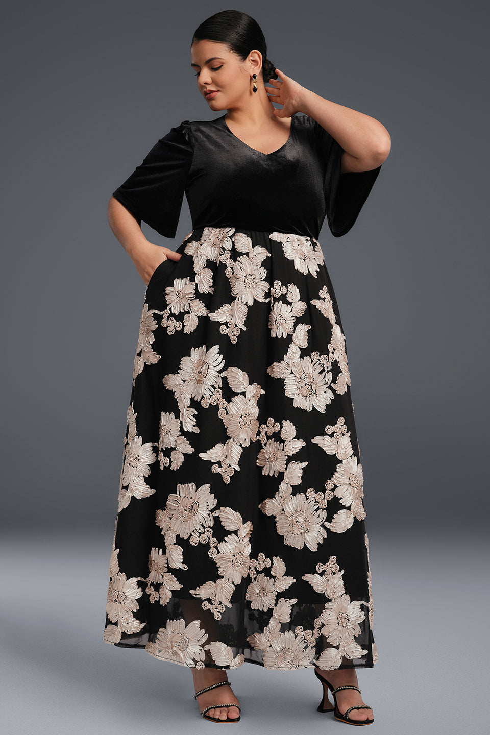 Curveins Plus Size V-Neck Floral Embroidered Pleated Maxi Dress