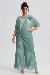 Curveins Plus Size Round Neck Short Sleeve Robe and Wide-Leg Pants Set