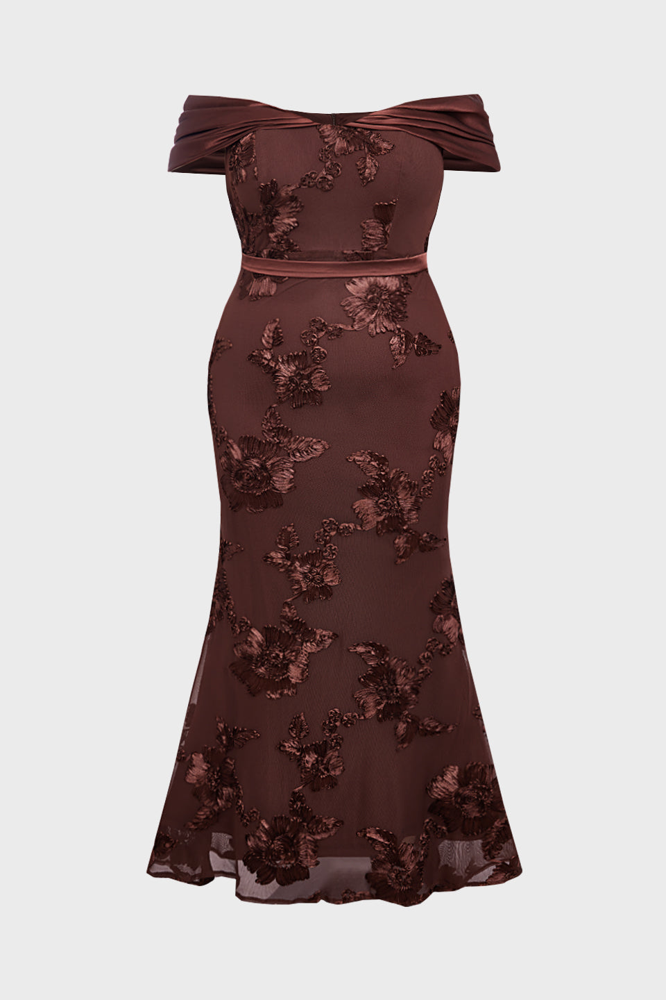 Curveins Plus Size Off Shoulder Floral Pattern Ruched Waist Bodycon Elegant Maxi Dress