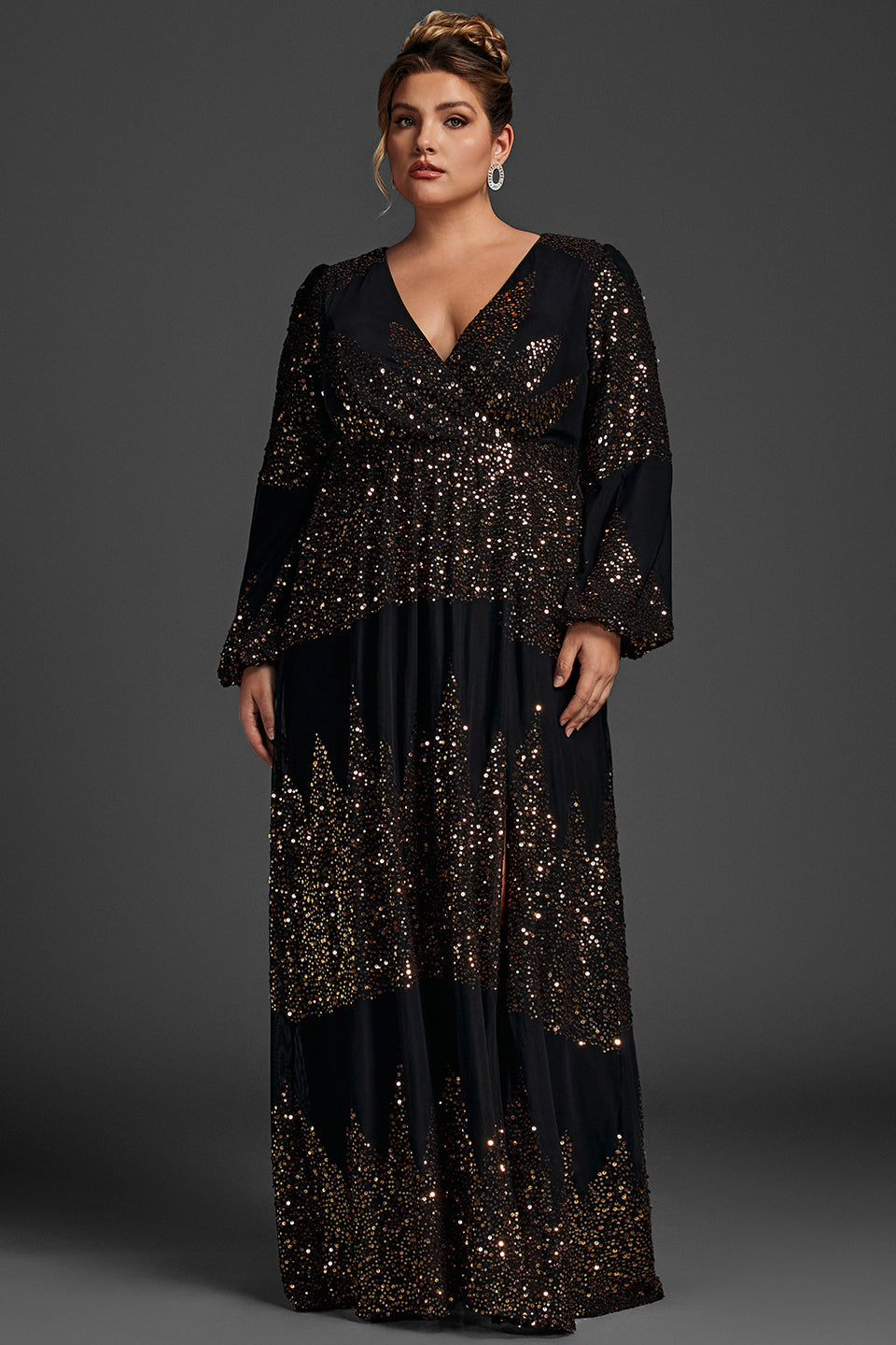 Curveins Plus Size V-Neck Sequin Split Hem Maxi Dress