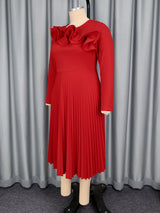 Curveins Plus Size Round-Neck Ruffled Long-Sleeve Elegant Pleated Maxi Dress
