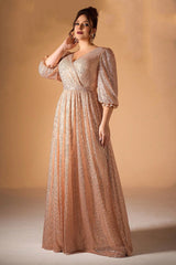 Curveins Plus Size V-Neck Puff Sleeve Sequin Maxi Dress with Cinched Waist