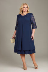 Curveins Plus Size Embroidered Patchwork Round Neck Half Sleeve Midi Dress