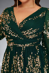 Curveins Plus Size Sequin V-Neck Lantern Sleeve Formal Party Maxi Dress