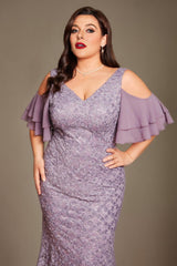 Curveins Plus Size V-Neck Long Sequin Mermaid Bodycon Maxi Dress