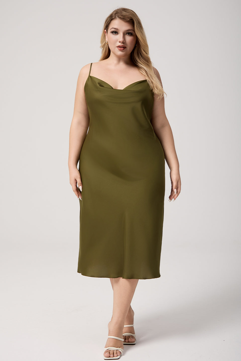Curveins Plus Size Satin Cowl Neck Spaghetti Strap Loose Fit Sleep Dress