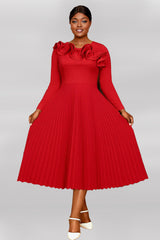 Curveins Plus Size Round-Neck Ruffled Long-Sleeve Elegant Pleated Maxi Dress