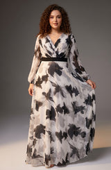Curveins Plus Size V Neck Maple Leaf Print Long Sleeve Belted Maxi Dress