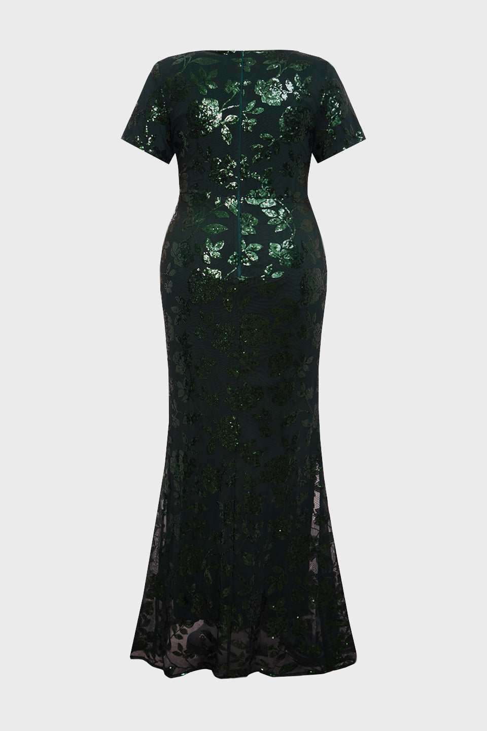Curveins Plus Size V Neck Short Sleeve Sequin High Slit 3D Flower Bodycon Maxi Dress