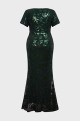 Curveins Plus Size V Neck Short Sleeve Sequin High Slit 3D Flower Bodycon Maxi Dress