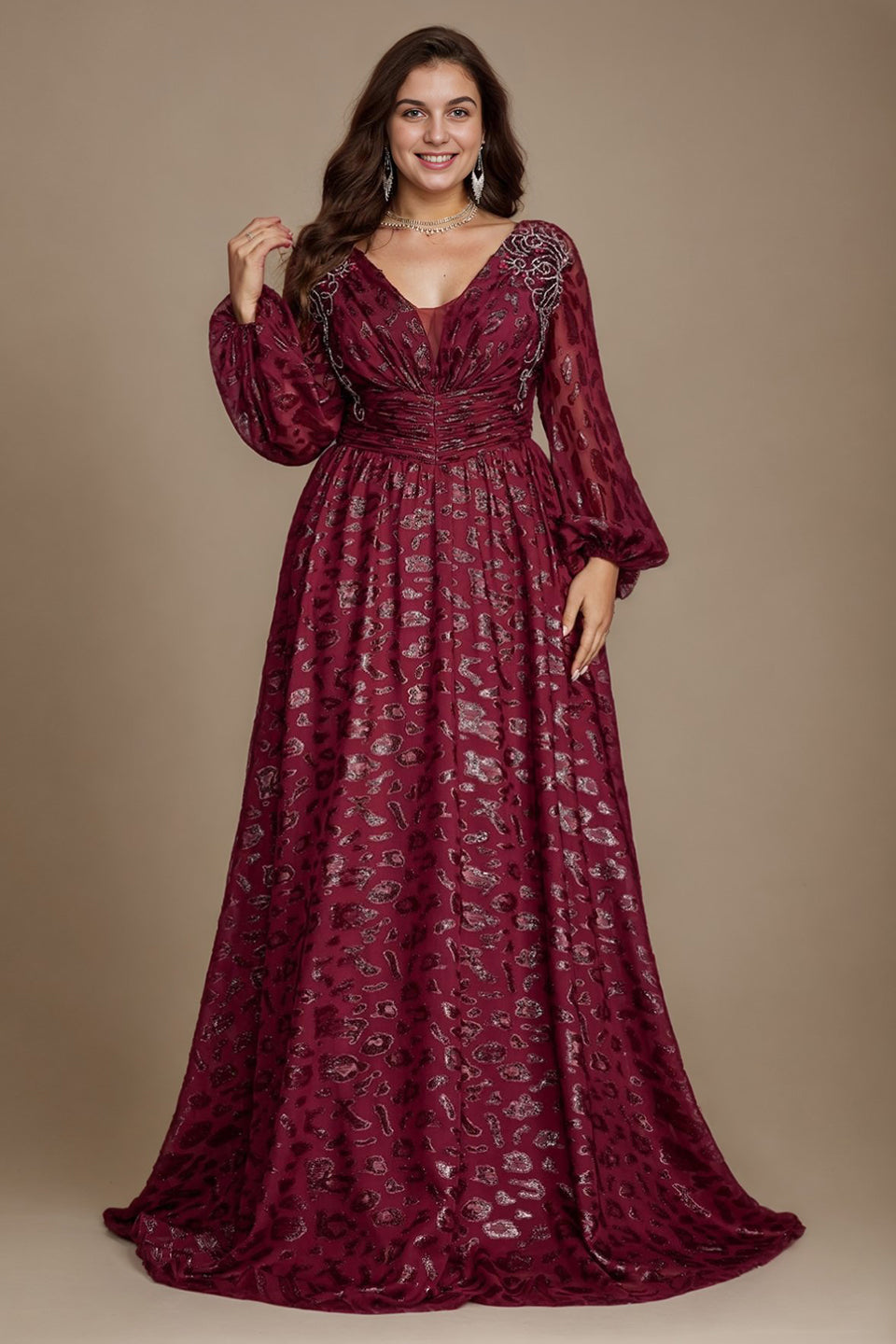 Curveins Chic Plus Size V-Neck Floral Pattern Lantern Sleeve Gown
