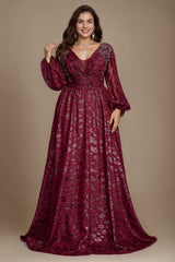 Curveins Chic Plus Size V-Neck Floral Pattern Lantern Sleeve Gown