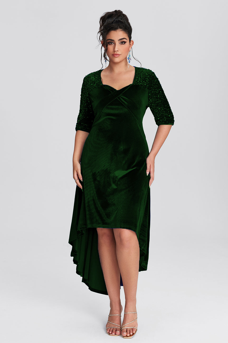 Curveins Plus Size Asymmetric Hem Velvet Maxi Dress With Sequin