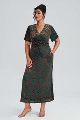 Curveins Plus Size Velvet Surplice Vintage Plain Maxi Dress