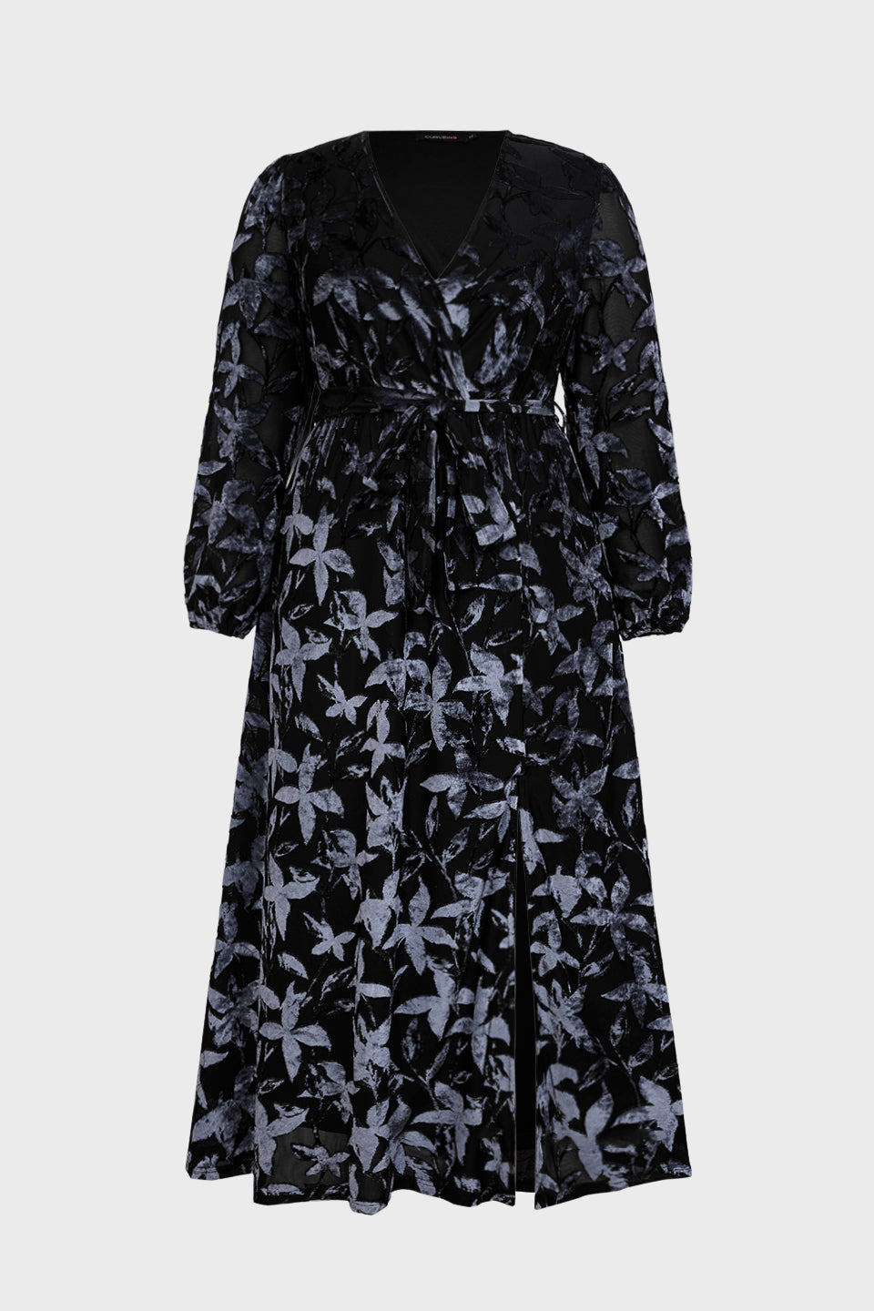 Curveins Plus Size V Neck Long Sleeve Maple Leaf Velvet Waist Tie Maxi Dress