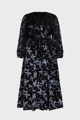 Curveins Plus Size V Neck Long Sleeve Maple Leaf Velvet Waist Tie Maxi Dress