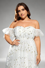 Curveins Plus Size Off-Shoulder Elegant Floral Detail Cinched-Waist Maxi Dress