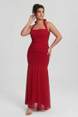 Curveins Plus Size Sleeveless Tie Detail High Slit Solid Color Rhinestone Maxi Dress