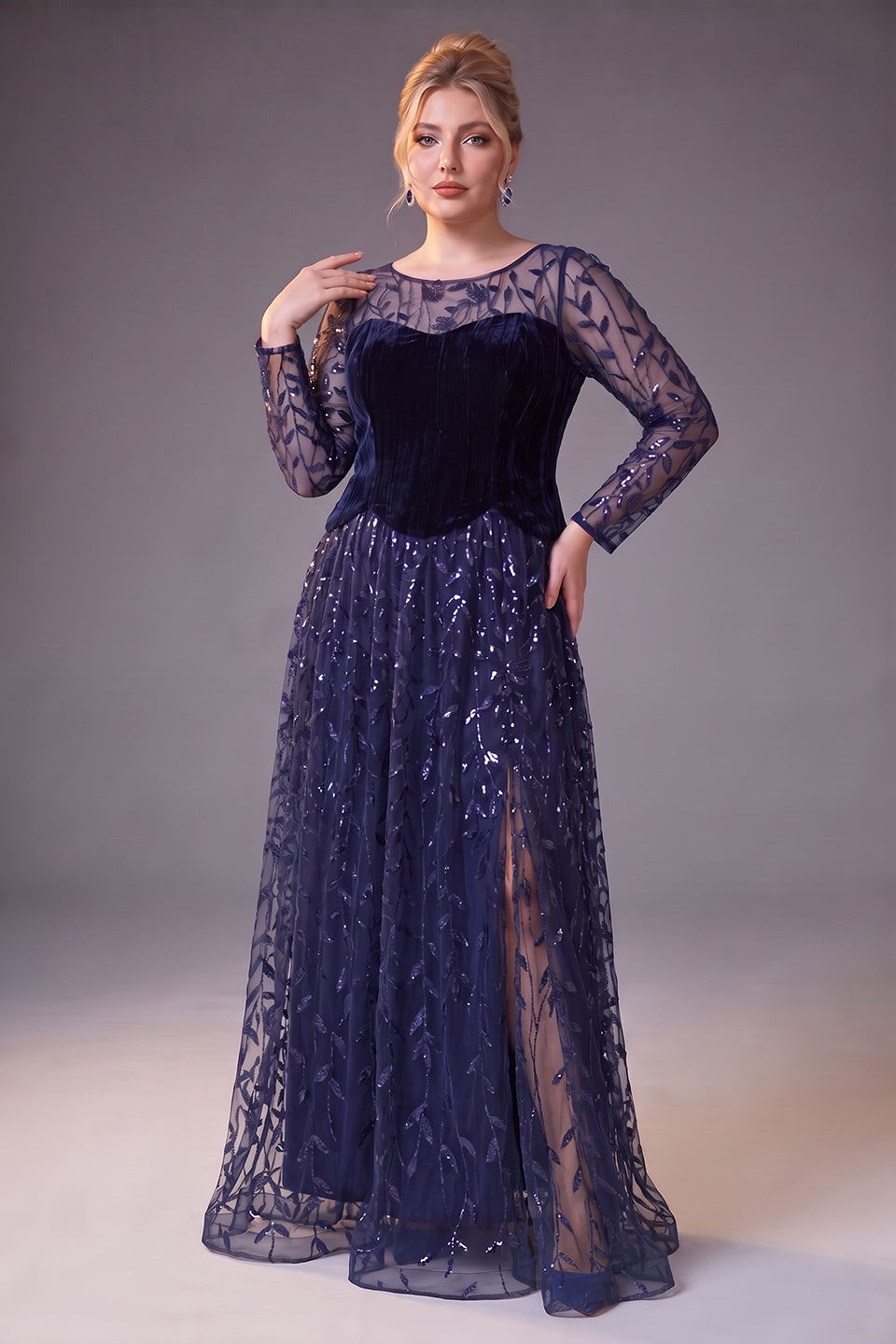 Curveins Plus Size Crew Neck Long Sleeve Leaf Sequin High Slit Velvet Maxi Dress