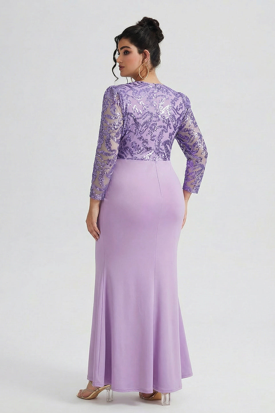 Curveins Plus Size Long Sleeve Lace Patchwork Sequin Maxi Dress with Round Neck