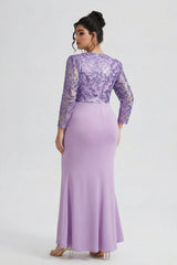 Curveins Plus Size Long Sleeve Lace Patchwork Sequin Maxi Dress with Round Neck