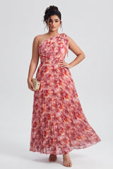 Curveins Plus Size Elegant Striped One Shoulder Cinched Waist Flowy Maxi Dress