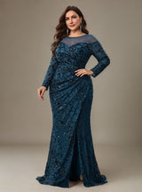Curveins Plus Size Crew Neck Long Sleeve Floral Sequin Bodycon Slit Maxi Dress