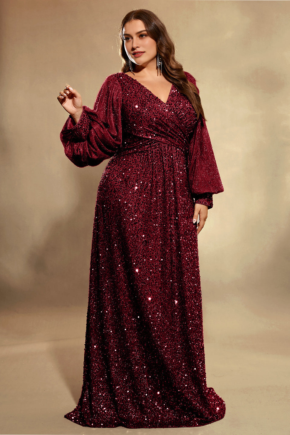 Curveins Plus Size Sequin V Neck Lantern Sleeve Maxi Dress