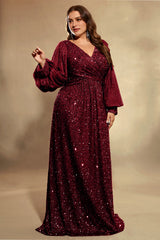 Curveins Plus Size Sequin V Neck Lantern Sleeve Maxi Dress