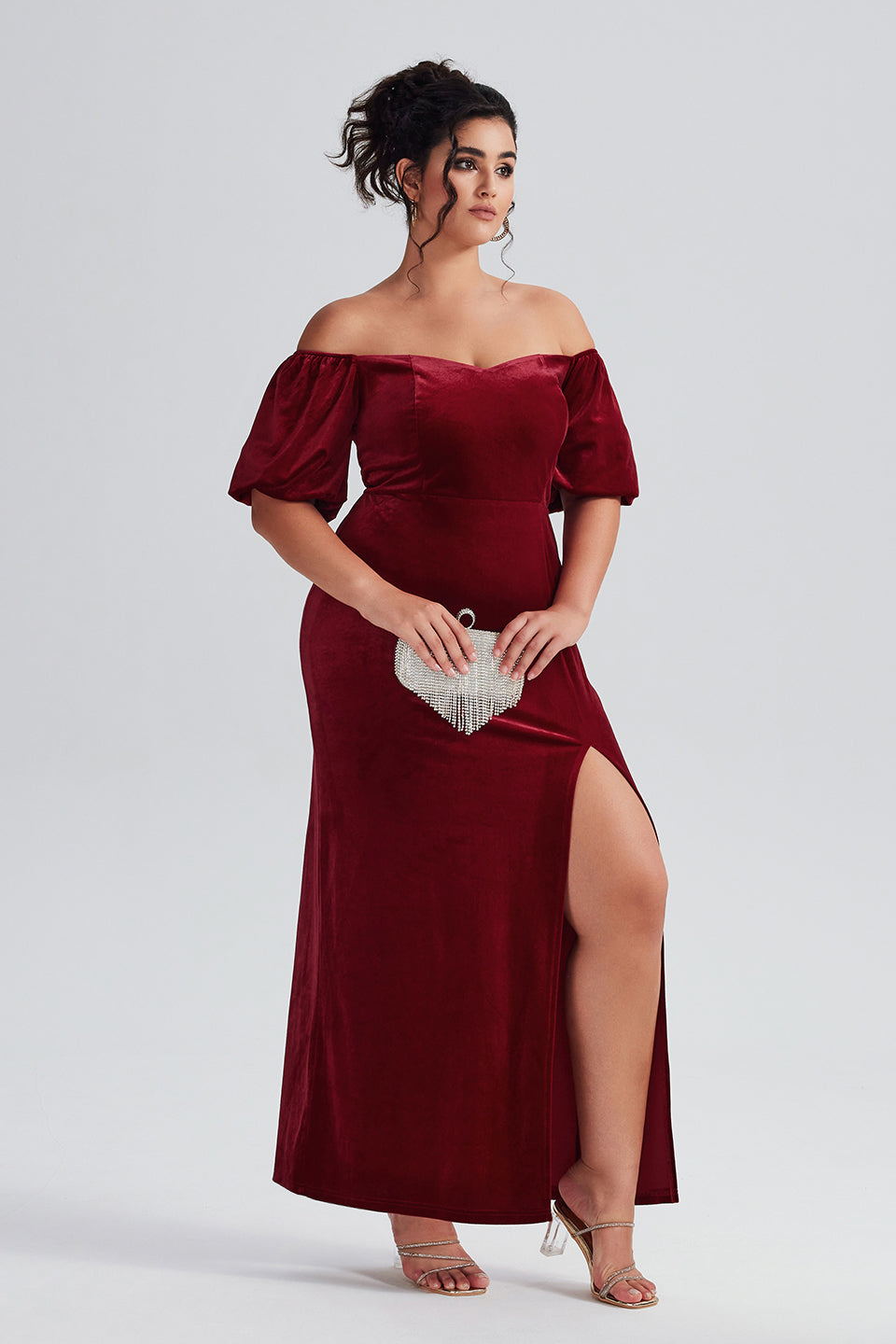 Curveins Plus Size Velvet V-Neck Elegant Maxi Dress