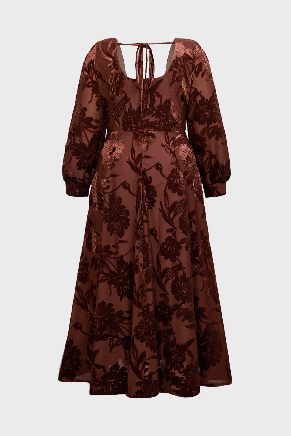 Curveins Plus Size Elegant Square Neck Long Sleeve Floral Print Velvet Split Maxi Dress