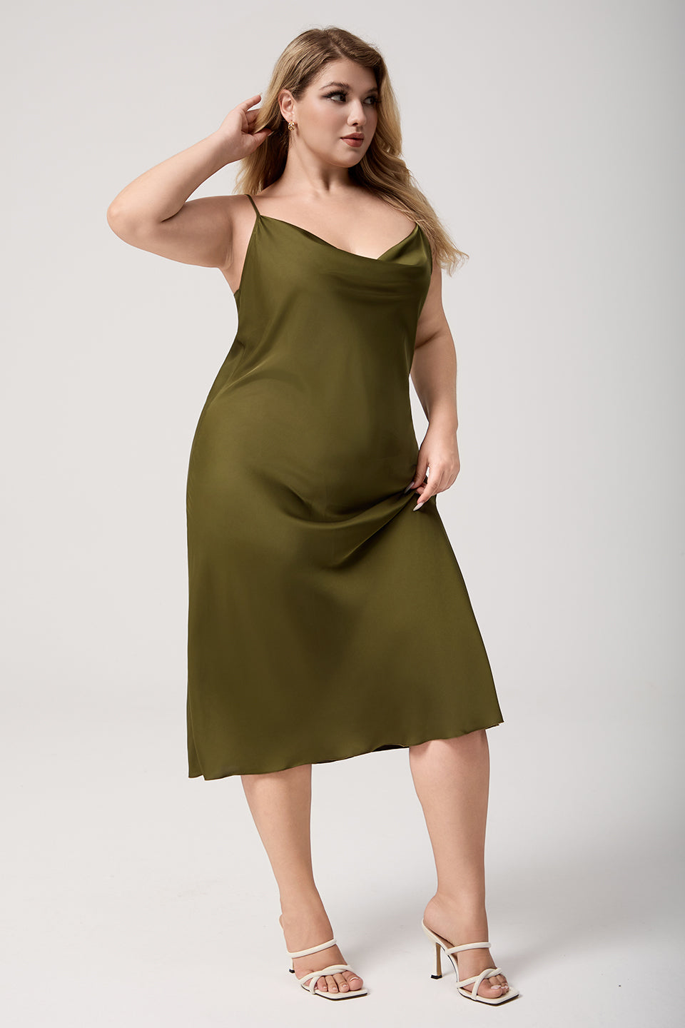 Curveins Plus Size Satin Cowl Neck Spaghetti Strap Loose Fit Sleep Dress