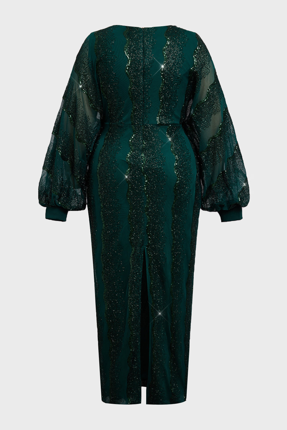 Curveins Plus Size V-Neck Sequin Balloon Sleeve Back-Slit Elegant Evening Maxi Dress