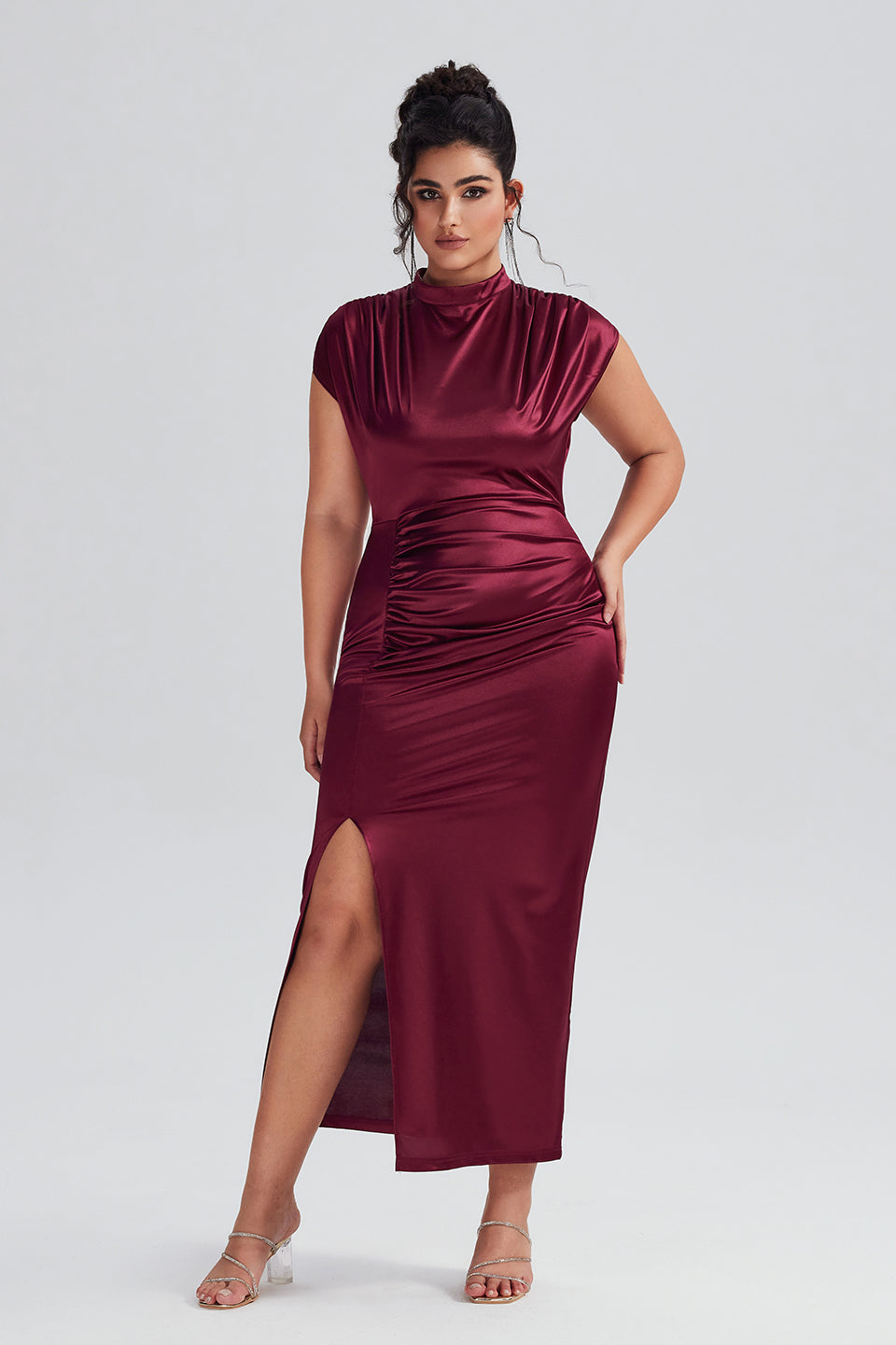 plus size silk dress Curveins Plus Size Satin High-Waisted Ruched Slit Maxi Dress